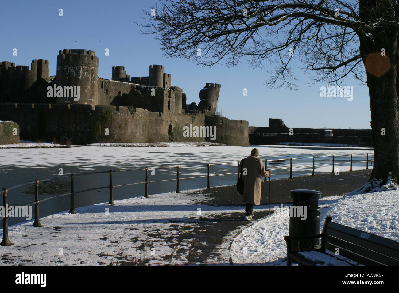 A winter scene at Caerphilly Castle in South Wales Stock Photo