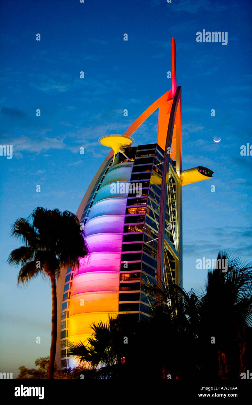 The famous 'Burj Al-Arab' hotel with crescent moon at dusk, 'Dubai', 'UAE' Stock Photo