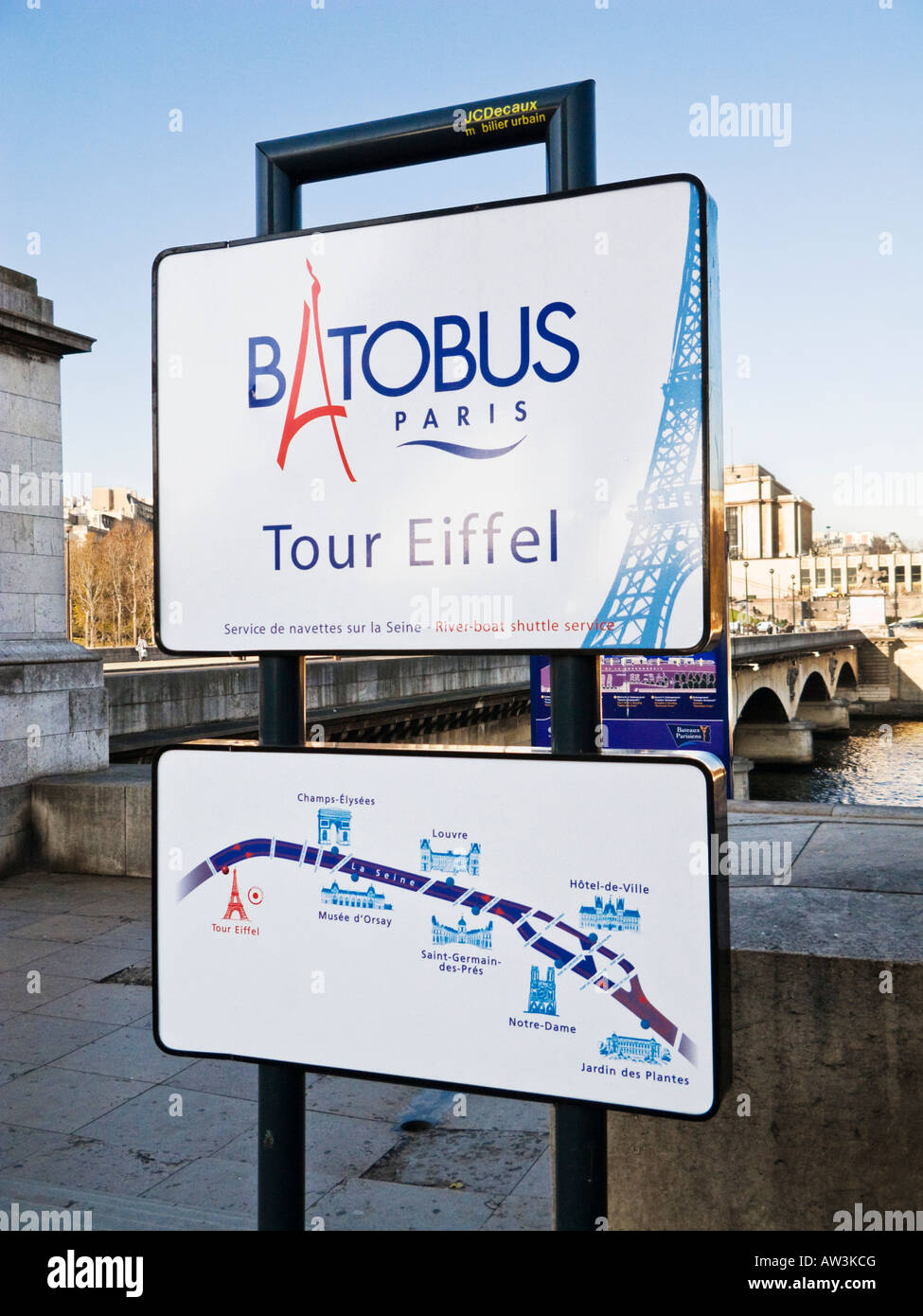Batobus river cruise boat stop sign with Seine map Paris, France, Europe Stock Photo