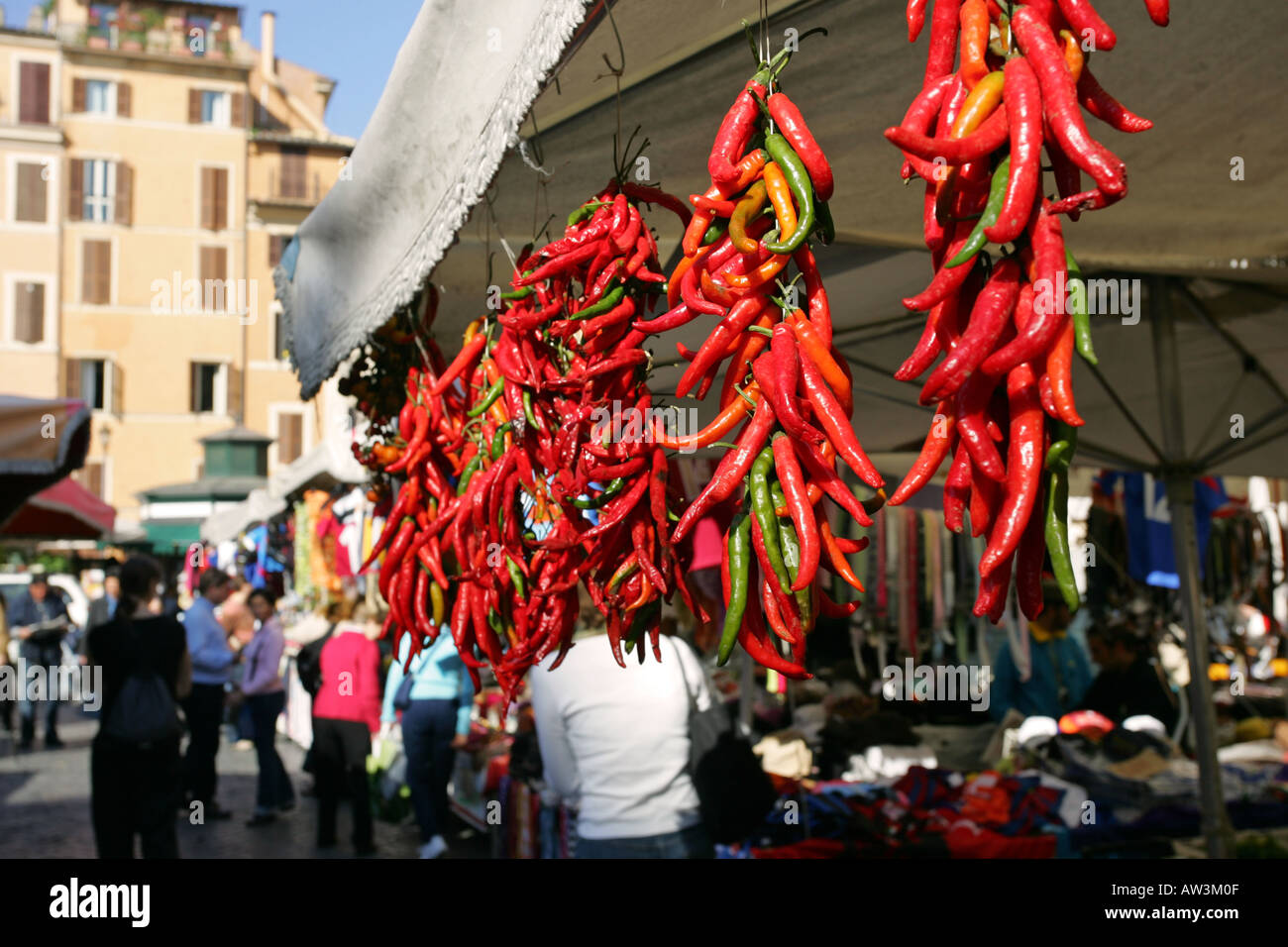 Bright red, green and orange chili peppers hanging up for sale on a