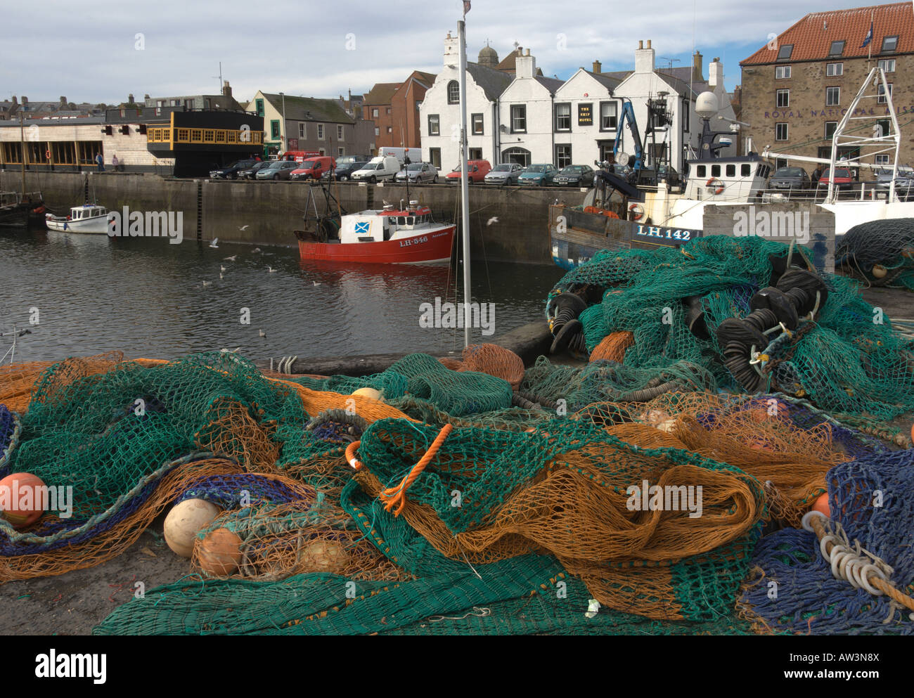 Eyemouth harbour fishing boats nets east coast Scottish Borders August