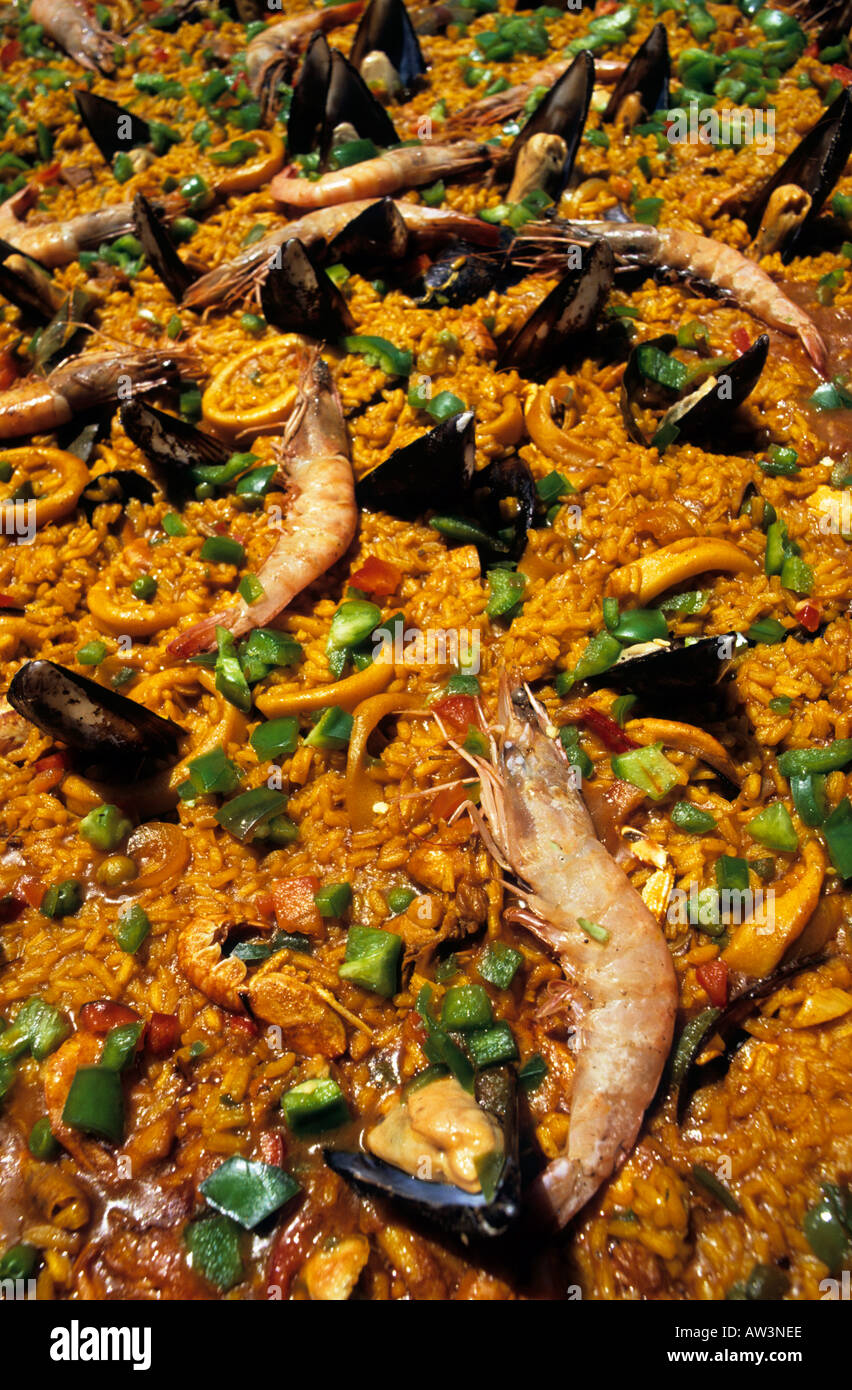 Seafood paella ready for serving Stock Photo