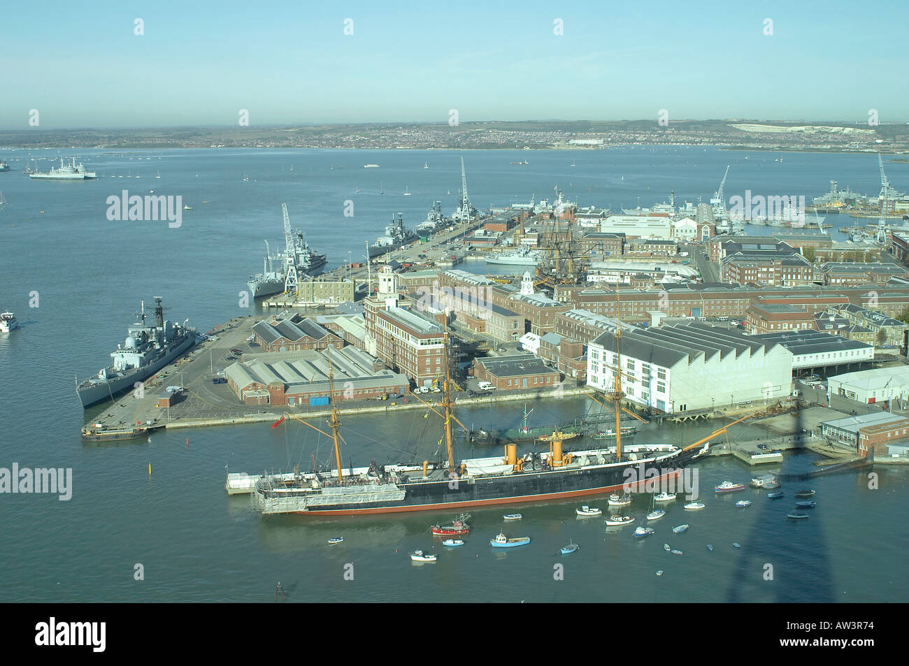 Aerial view of HMS Victory moored in Portsmouth Historic Naval Dockyard, Hampshire Stock Photo