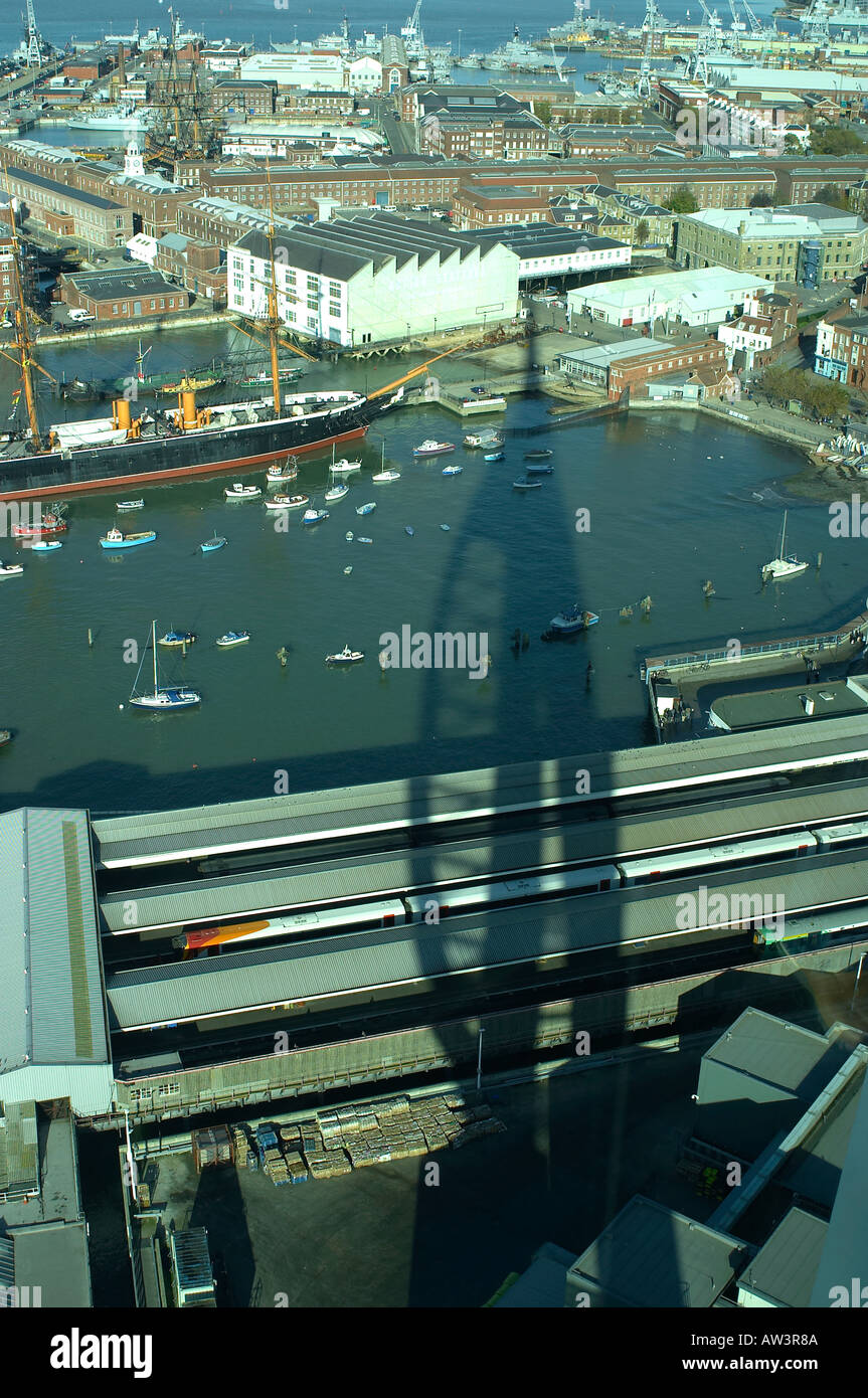 Shadow of the Spinnaker Tower over historic Portsmouth and HMS Victory Hampshire England Stock Photo