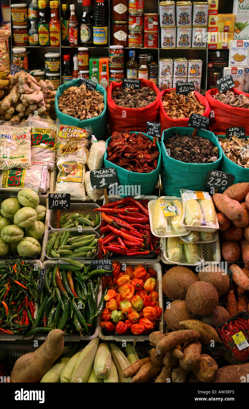 Exotic Vegetable and Condiment stall in the Boqueria market. Stock Photo