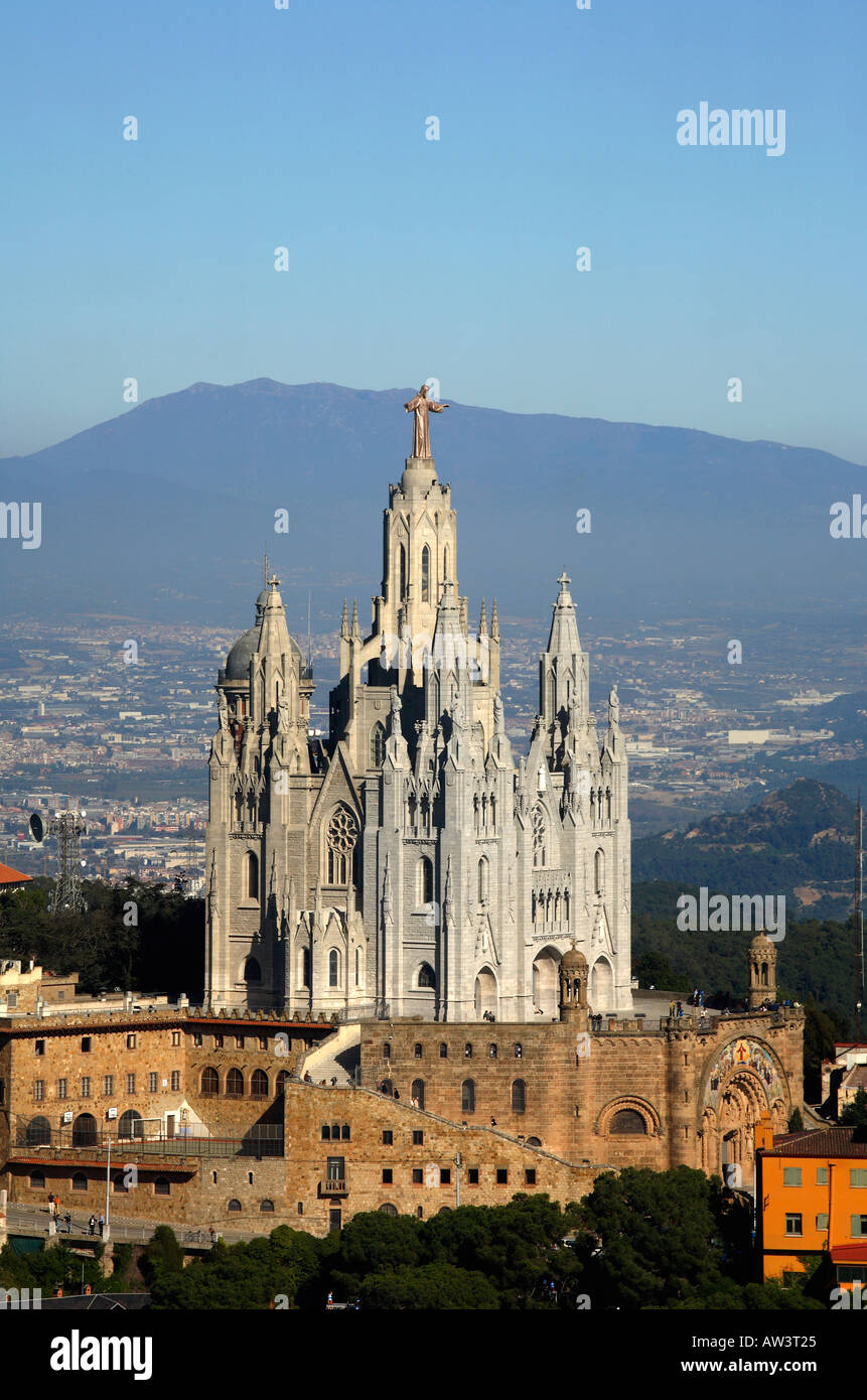 The Sagrat Cor or Sacred Heart Church of the Tibidabo on the Collserola Hills above Barcelona Stock Photo