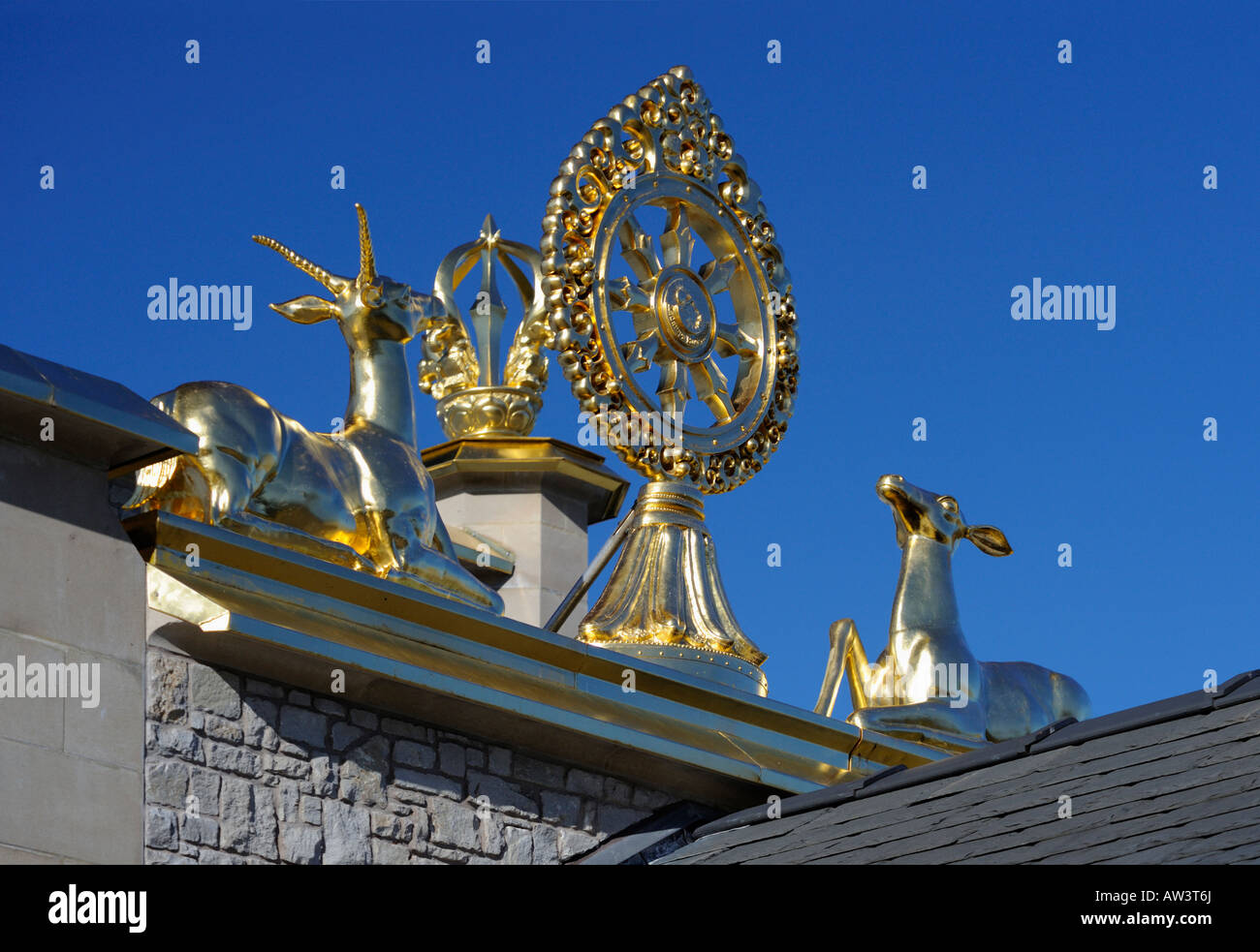 The Deer and Dharma Wheel and the Five-Pronged Vajra. Manjushri Kadampa Peace Temple, (detail). Buddhism Meditation Centre. Stock Photo