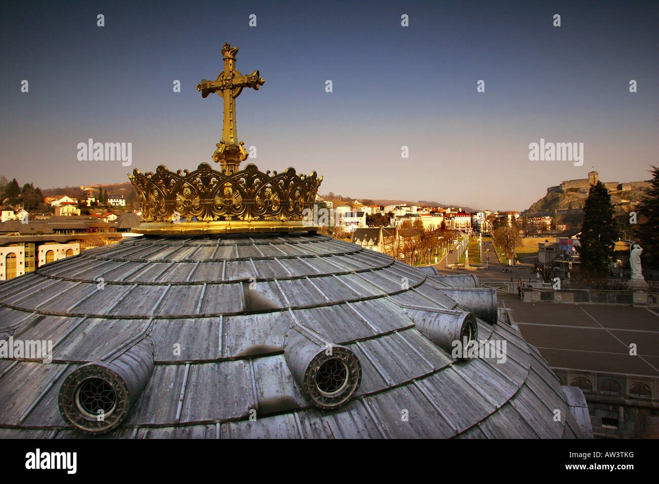 Roof section of the cathedral at Lourdes in France. Stock Photo