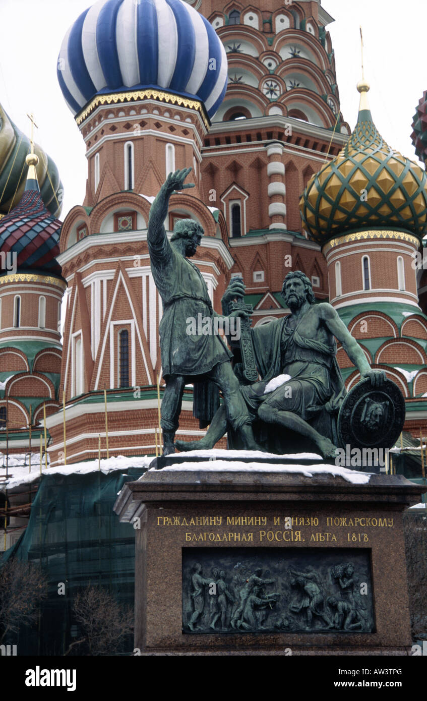 Monument to Minin and Pozharsky Statue, St Basil's Cathedral, Red Square, Moscow, Russia Stock Photo