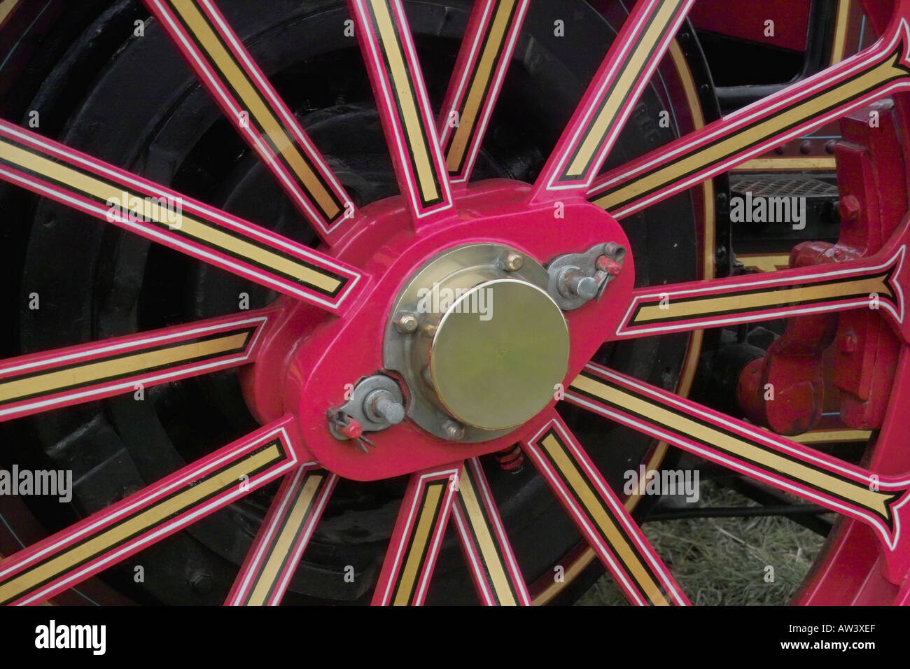 Close-up of wheel of a Showman's engine, Dorset Steam Fair 2005 Stock Photo