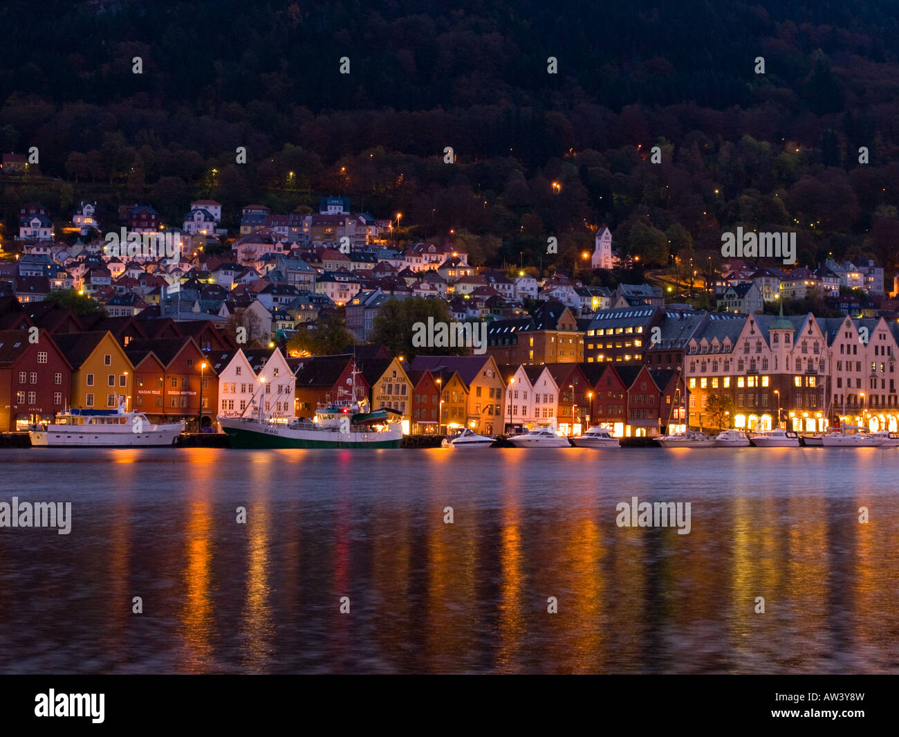 The beautiful early morning lights of Bryggen in Bergen, Norway. Stock Photo