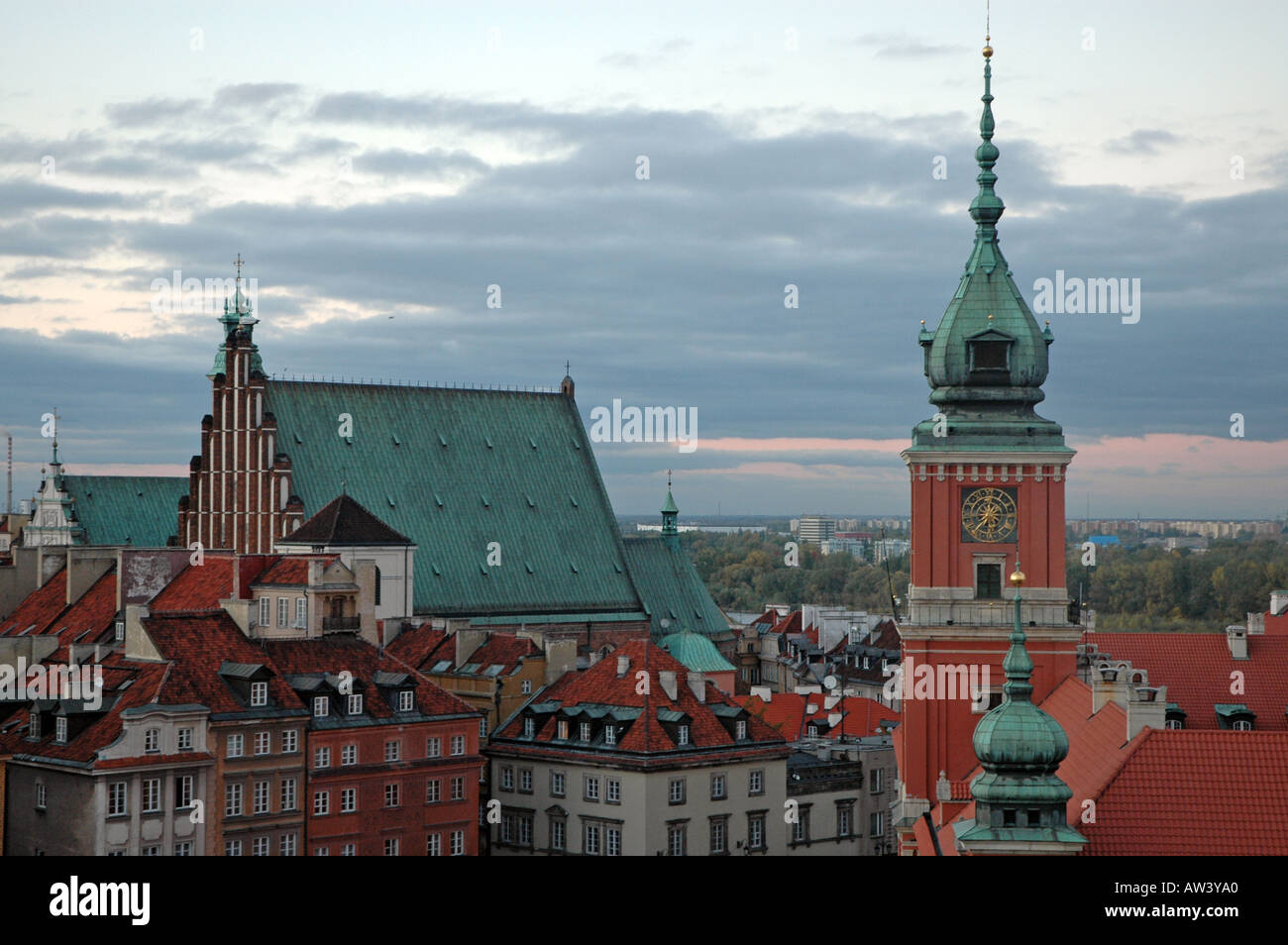 Panorama of Old Town in Warsaw, Poland, with view on Royal Castle (right) and St John's Cathedral (left) Stock Photo