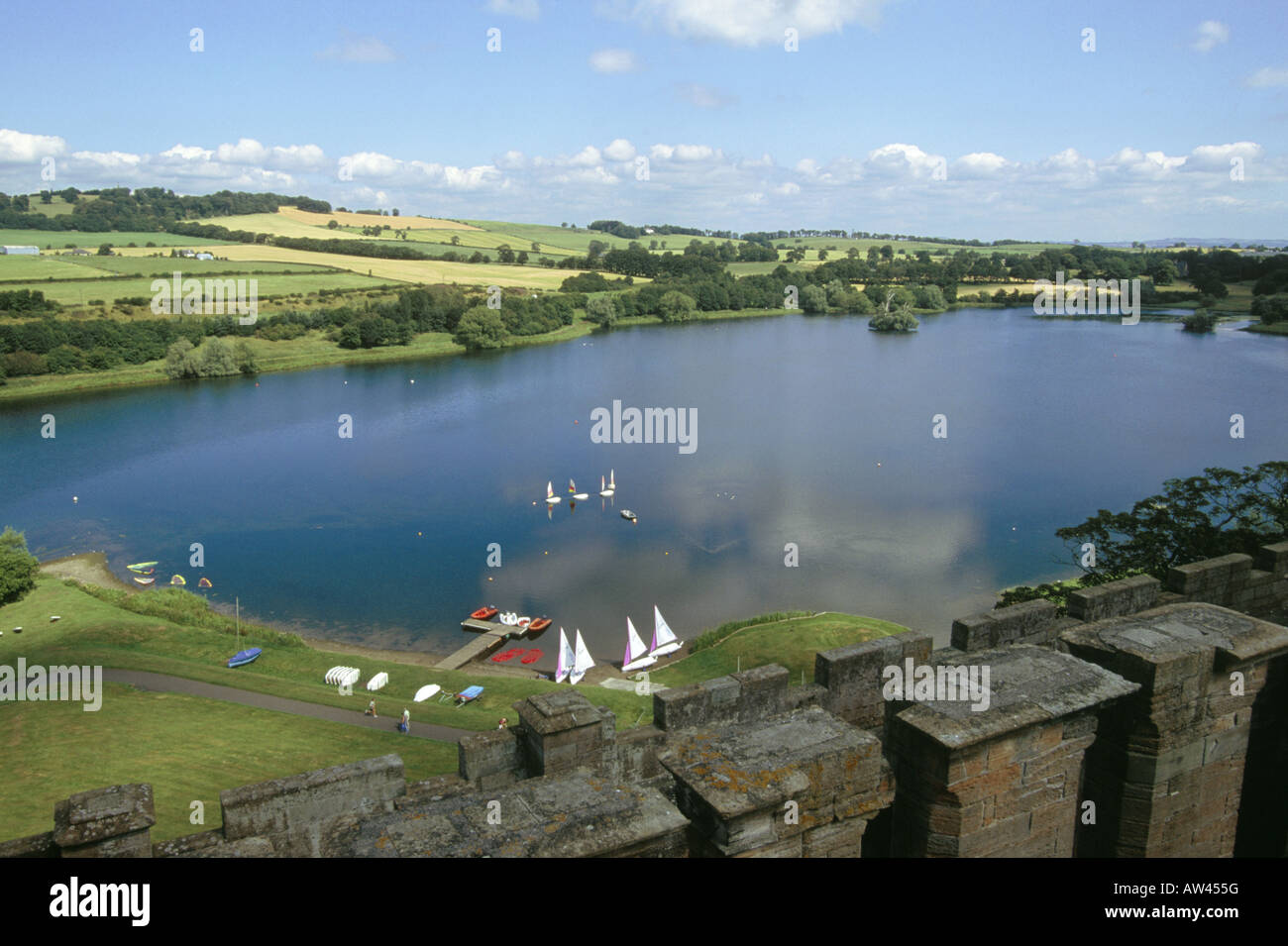 Linlithgow palace View from roof ramparts of fortified house Loch lake