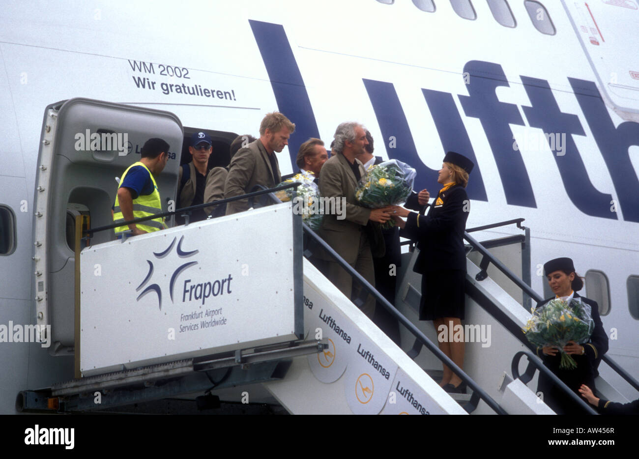 German National Soccer Team, Rudi Völler, Oliver Kahn, Frankfurt Main int. Airport, arrival, WM 2002, Stock Photo