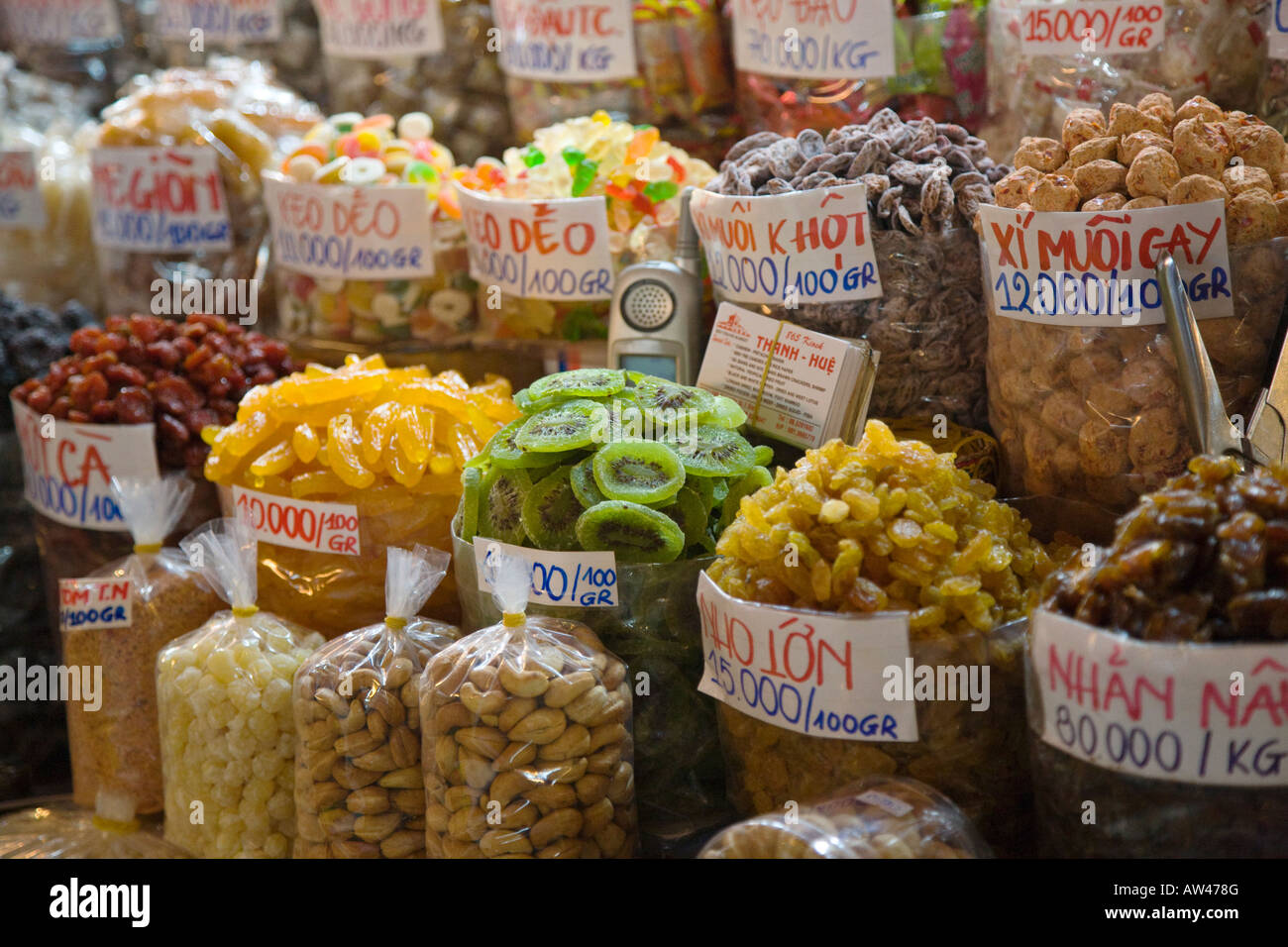 Dried MANGOES KIWIS and various other DRIED FRUITS and NUTS inside the BEN THANH MARKET HO CHI