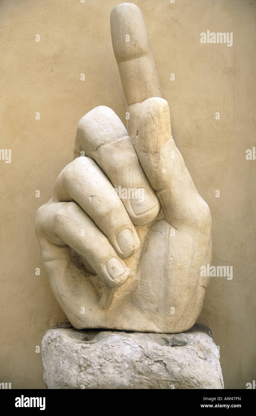 Capitoline museum  Palazzo dei Conservatori  Courtyard  Statues  Marble sculpture of hand  Index finger pointed up Stock Photo