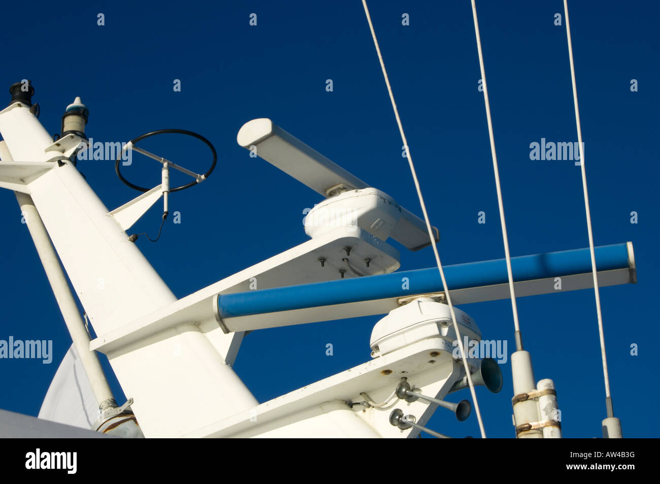 Radar and radio masts of tourist boat on Kimberley coast, Western Australia Stock Photo