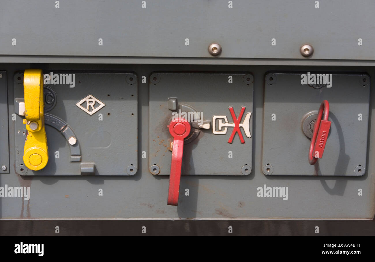 Railroad box car ' s pneumatic braking system ' s control levers , Finland Stock Photo