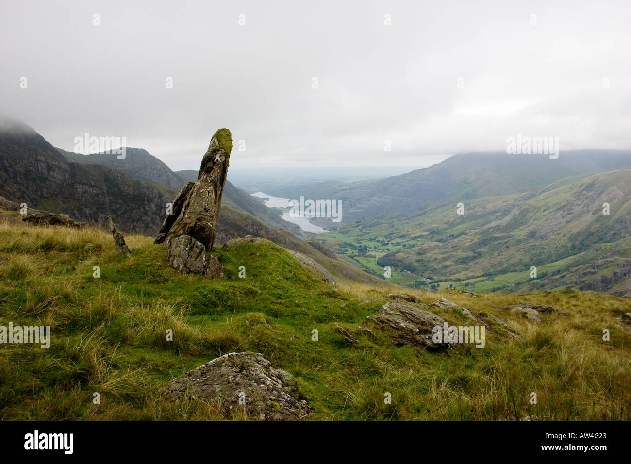 On the slopes of Crib Goch looking down the Pass of Llanberis Stock Photo Alamy