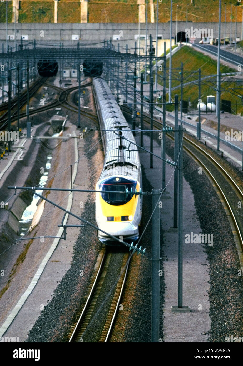eurostar train leaving the channel tunnel and arriving in france at  sangatte near calais eurotunnel train transport rail railway Stock Photo -  Alamy