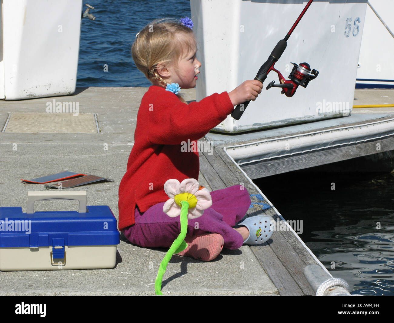 Bodega Bay, California, USA Young girl fishing Stock Photo