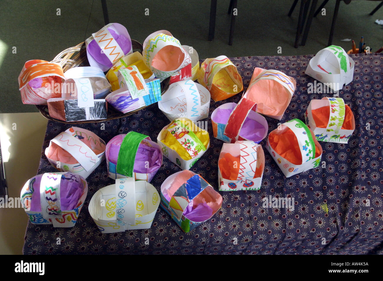 A display of home made Easter baskets made by primary school children Stock Photo