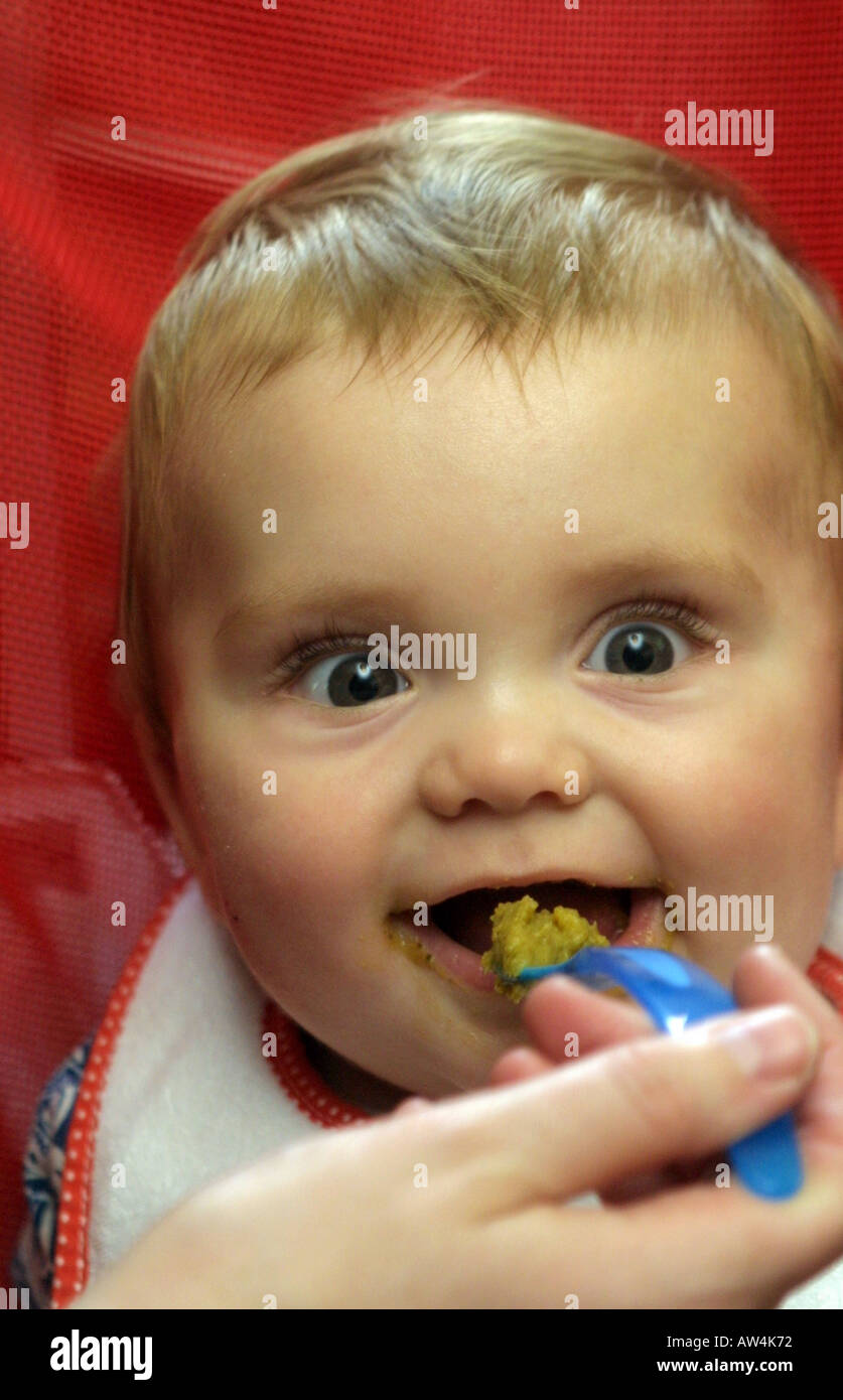 Nine month old baby being spoon fed solid food Stock Photo