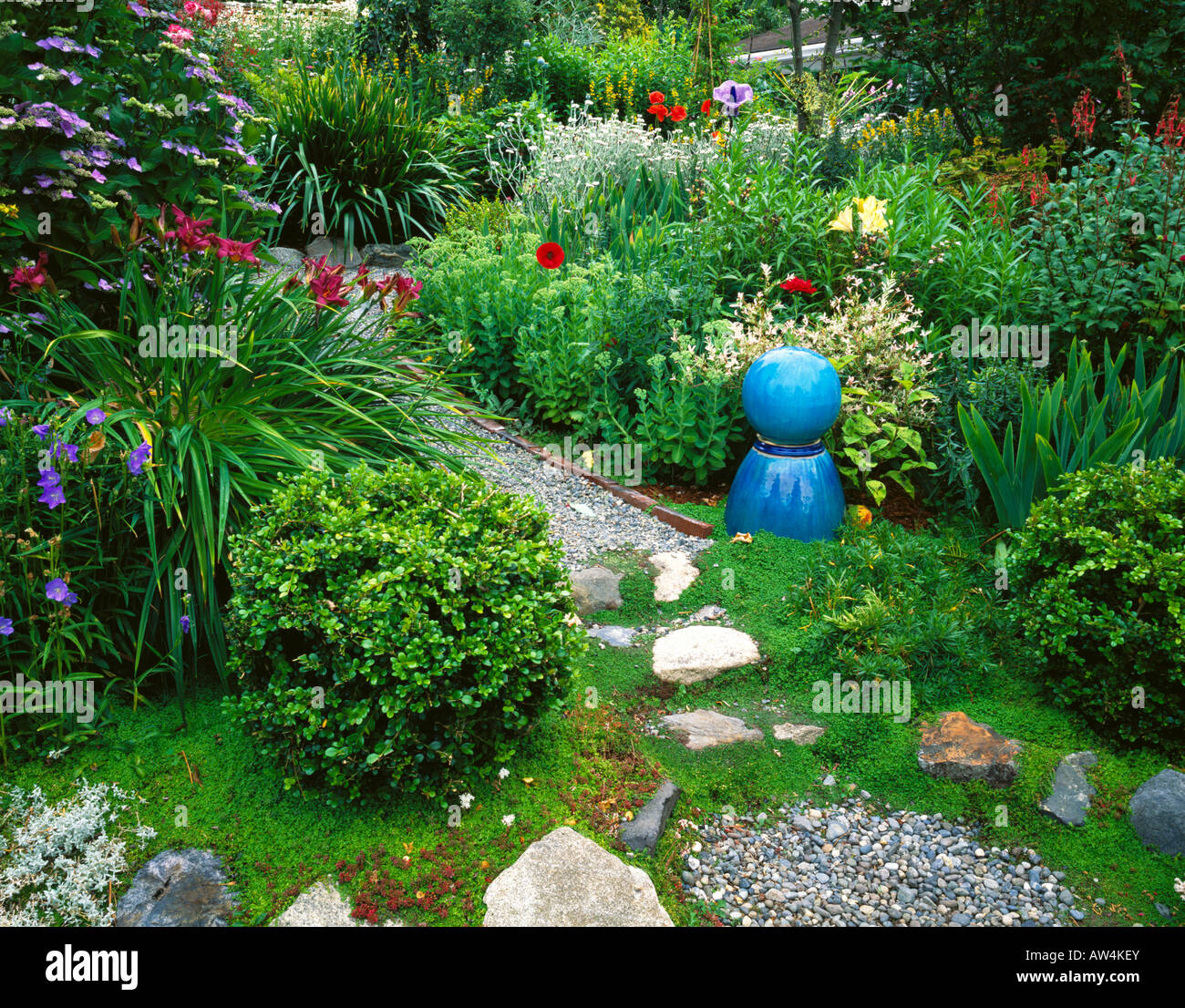 Vashon Island WA Gravel pathway leads past a blue gazing ball into a