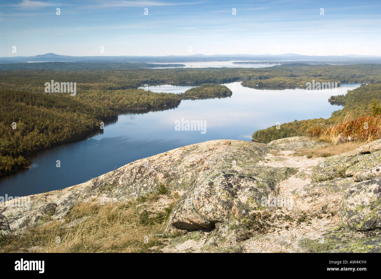 View from Beech Mtn over looking Long Pond Beech Mtn trail Acadia National Park Maine USA Stock Photo