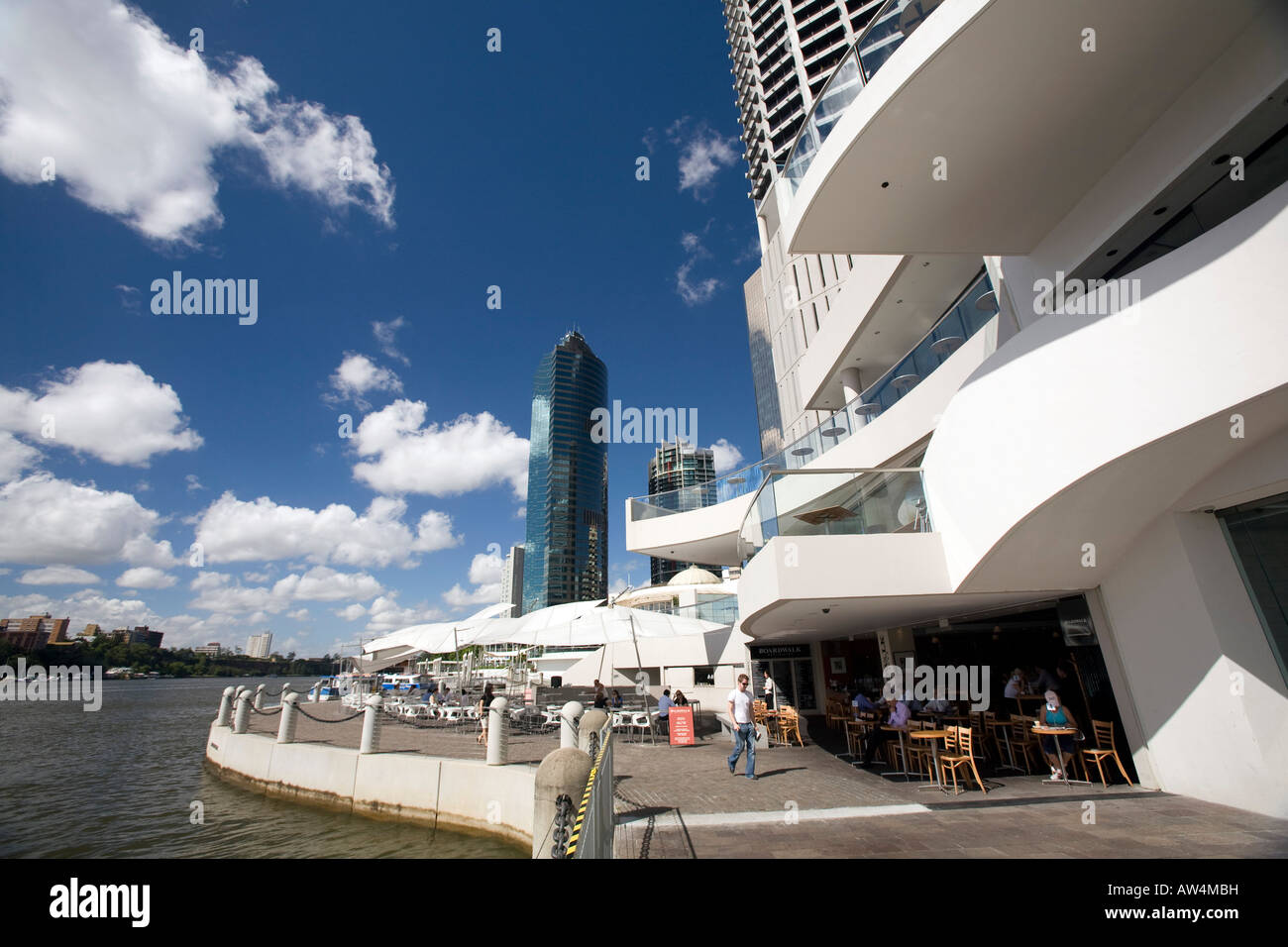 brisbane's riverside promenade with office buildings,cafe and brisbane