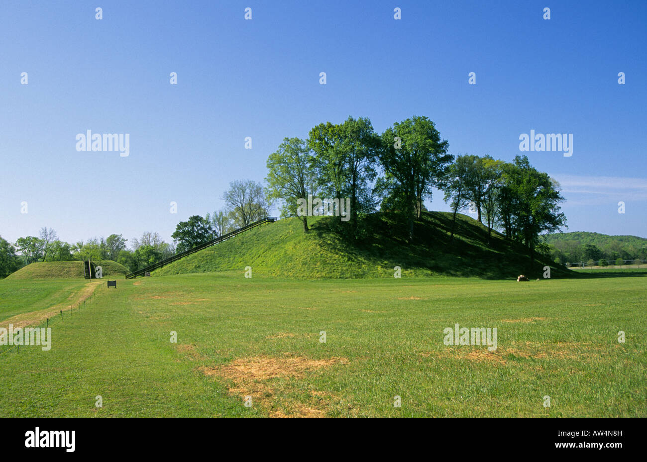 At Etowah Indian Mounds in Georgia, these mounds were built by the Mississippian Culture of native americans Stock Photo