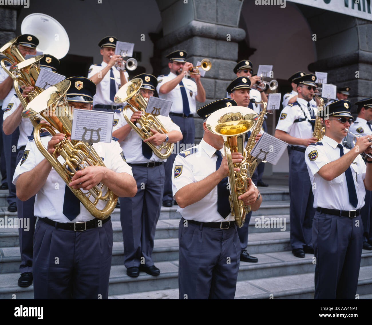 Police Brass Band playing on the steps of the City Hall, Ljubljana, Slovenia Stock Photo