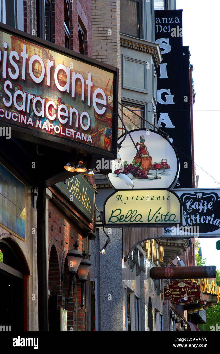 Signs on Hanover Street in the North End neighborhood of Boston