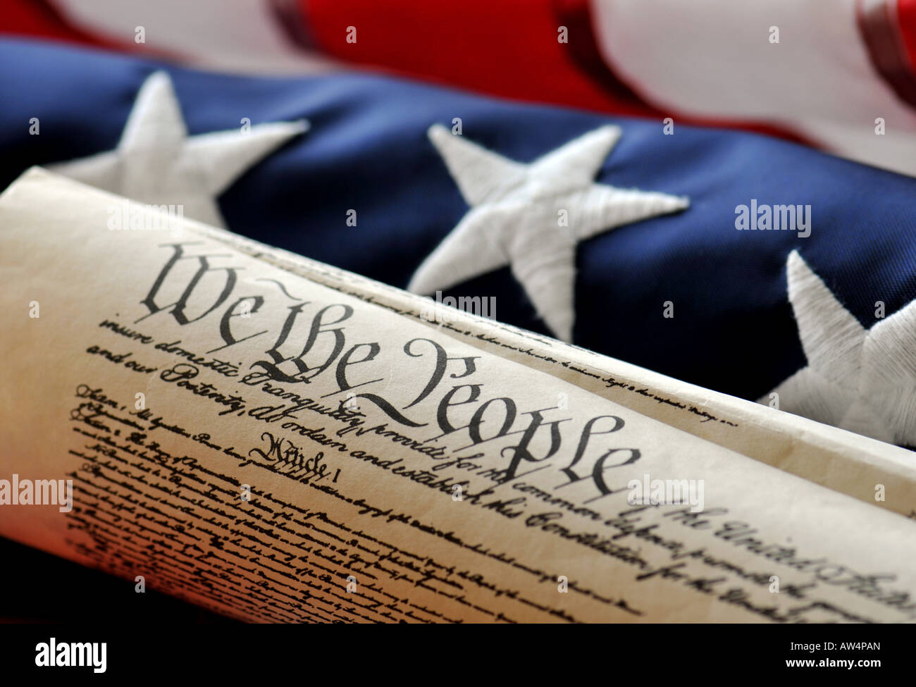 American Democratic Beginnings - US Constitution and Original Flag Stock Photo