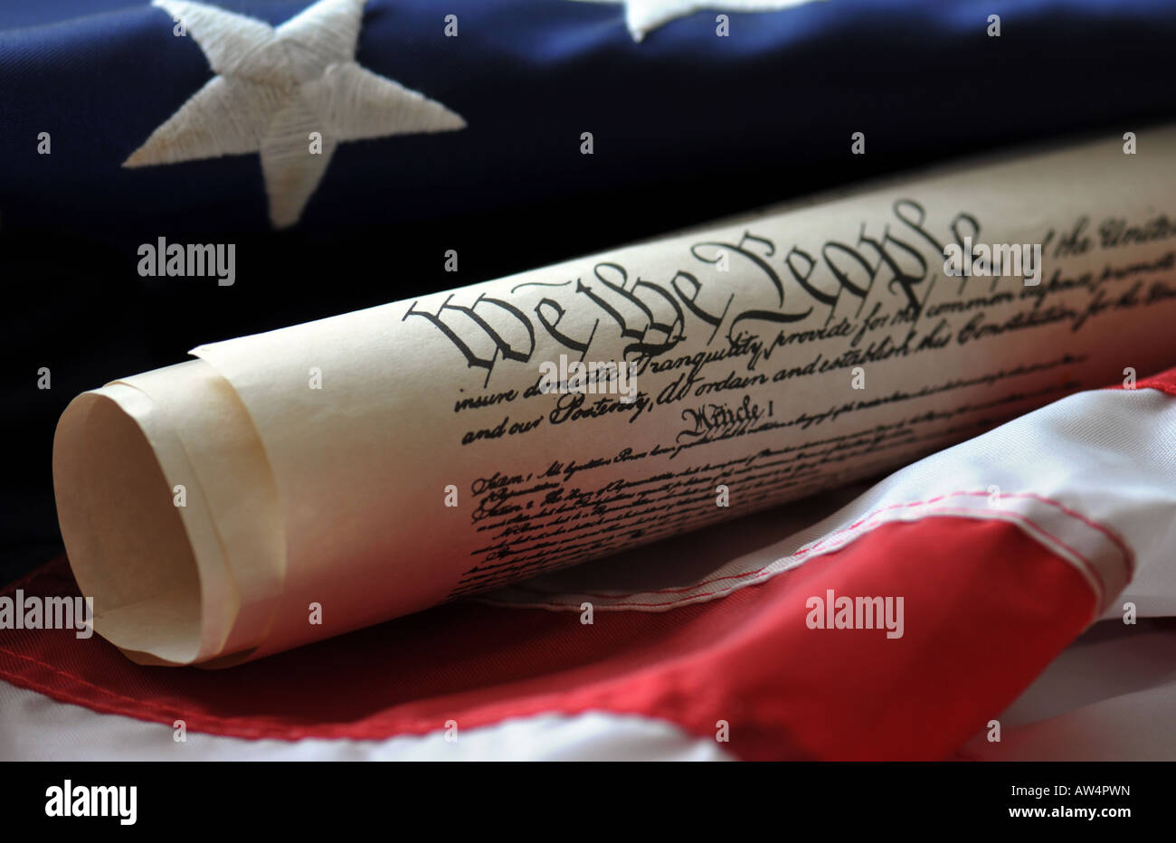 American Democratic Beginnings - US Constitution and Original Flag Stock Photo