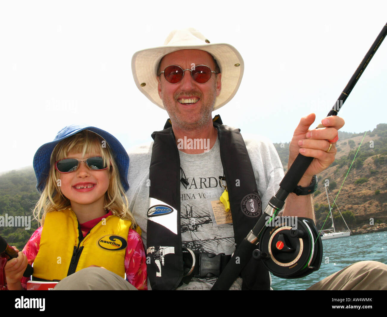 Santa Cruz Island Channel Islands, California, USA Dad and daughter fishing Stock Photo