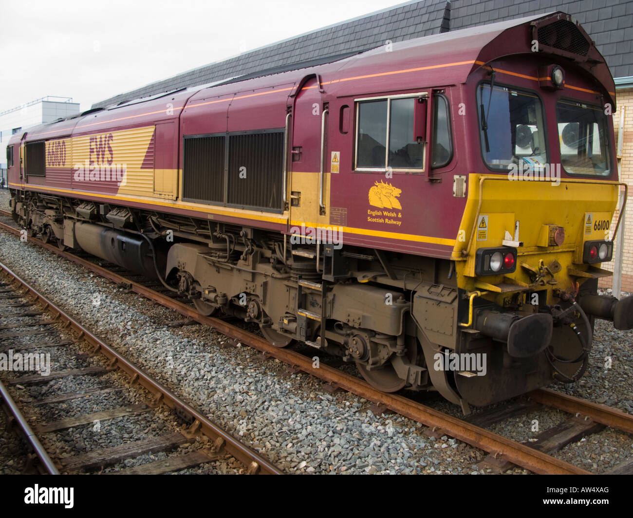 English Welsh and Scottish Railway company Class 66 diesel engine at Aberystwyth railway station Stock Photo