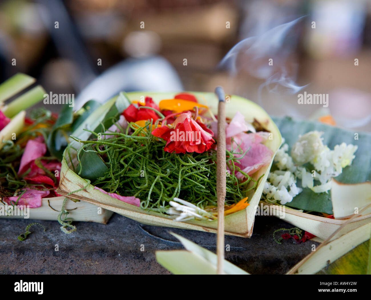 Temple Offerings With Incense In Ubud Bali Indonesia Stock Photo Alamy