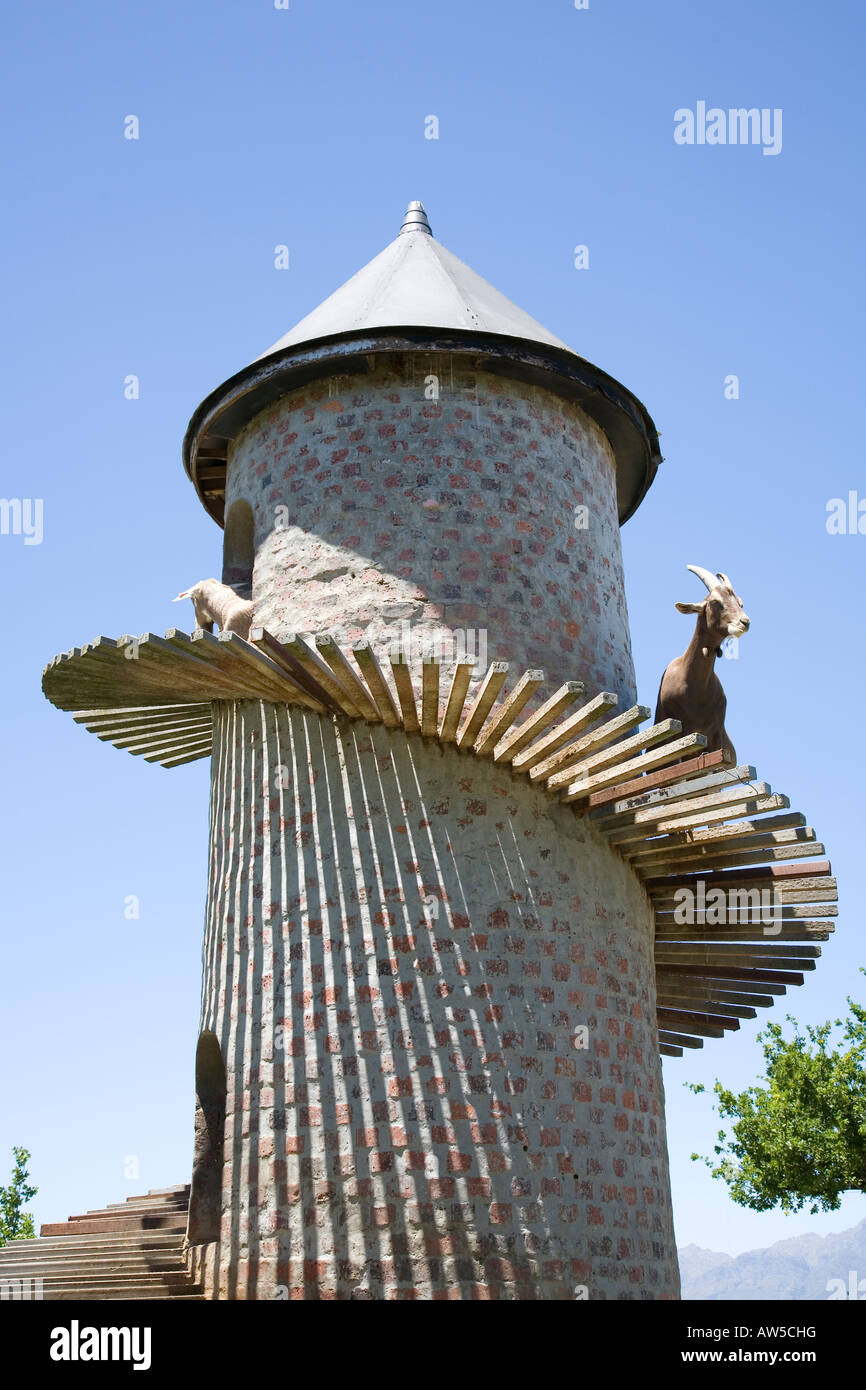 Two goats on tower at wine estate Fairview in Paarl, South Africa. Stock Photo