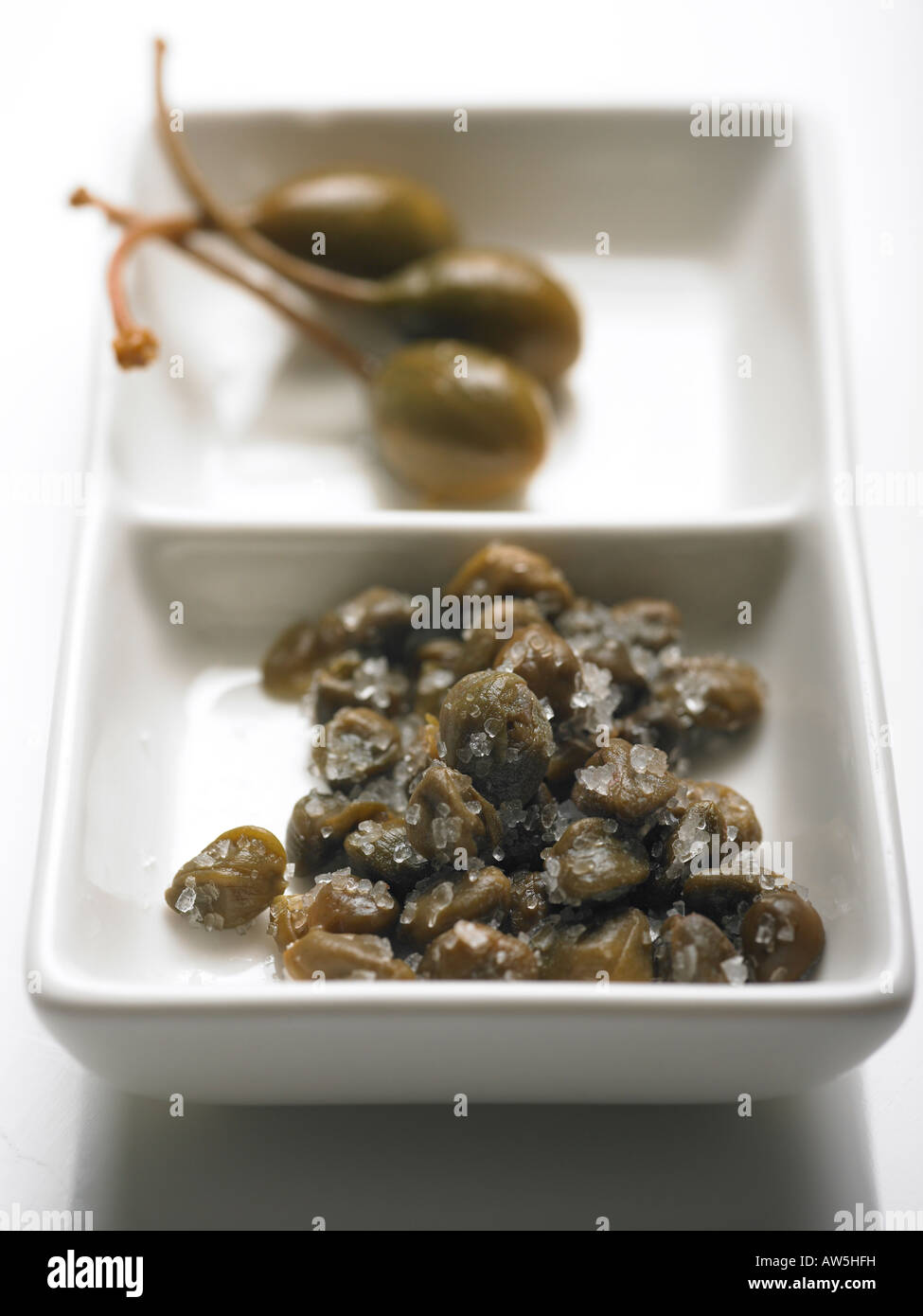salted capers and caper berries from plant Capparis spinosa in white square dish Stock Photo Alamy