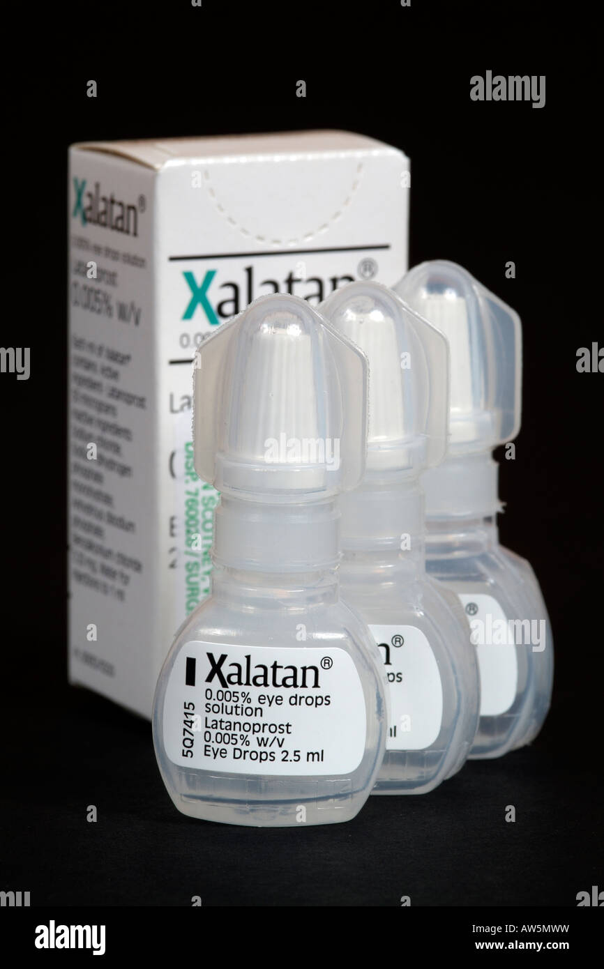 Xalatan eye drops in plastic bottle used for treatment of Glaucoma Stock Photo