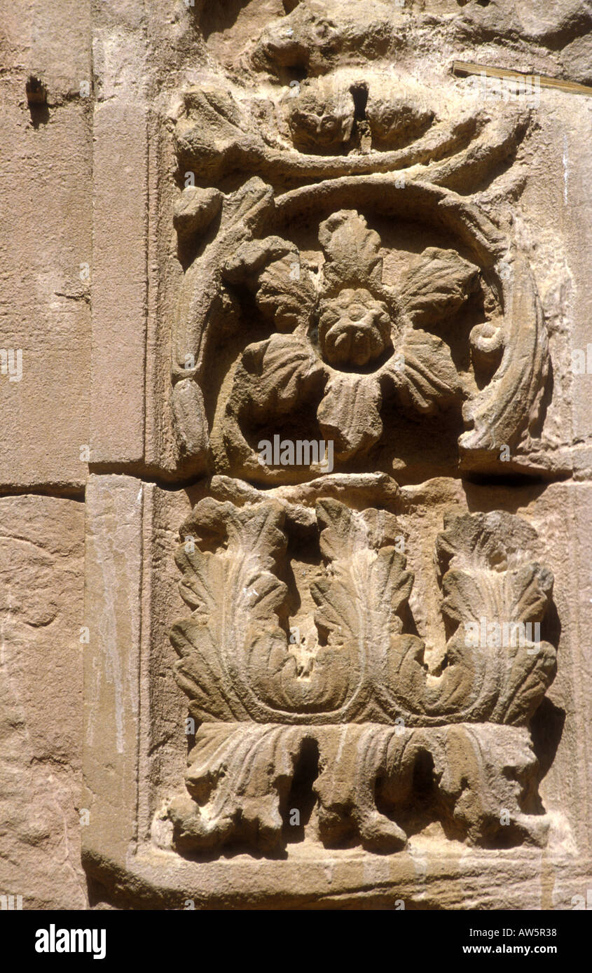 A sandstone bas-relief of a flower decorates a temple in Petra, Jordan Stock Photo