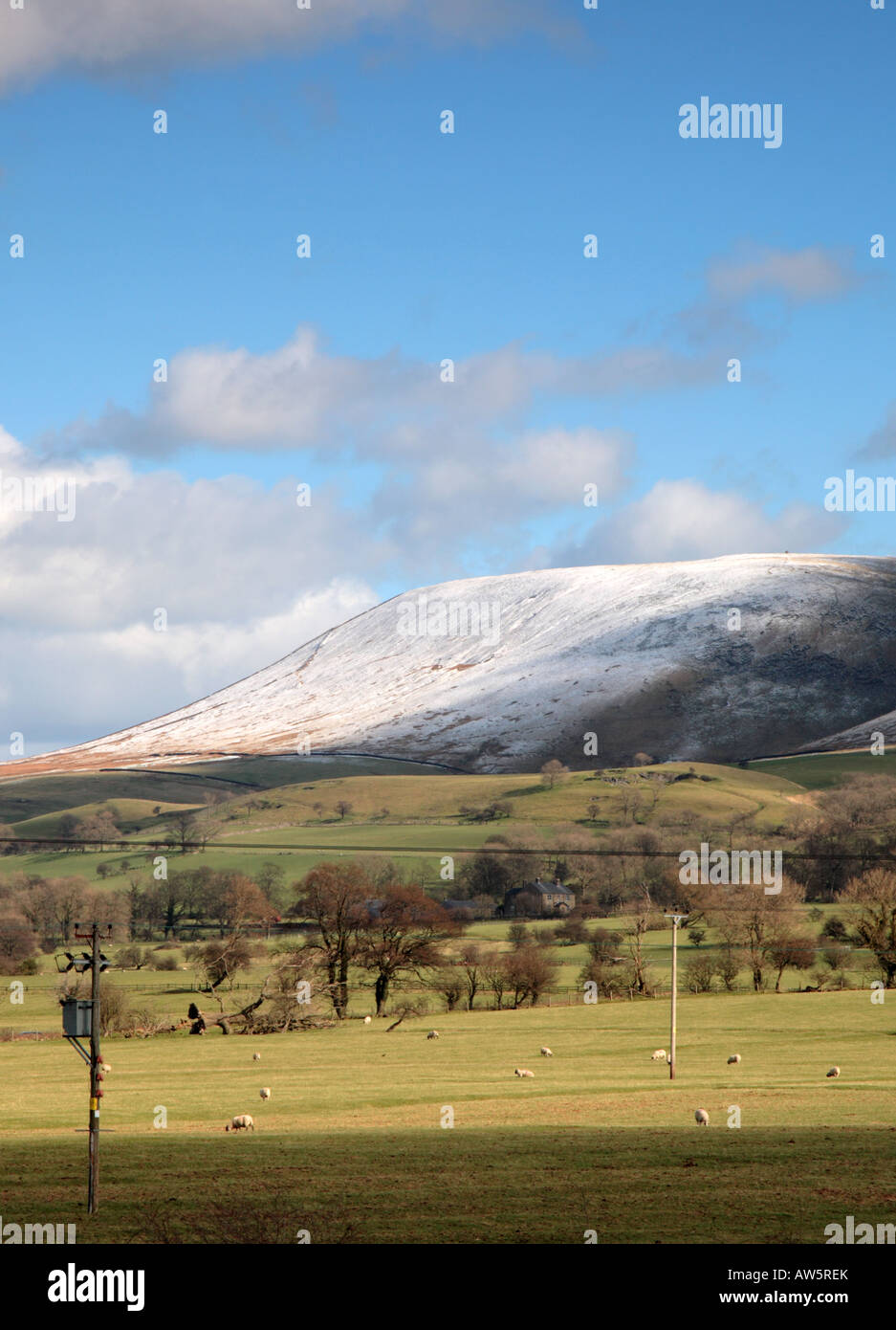 Pendle Hill, snow capped in Ribble valley Lancashire UK Stock Photo