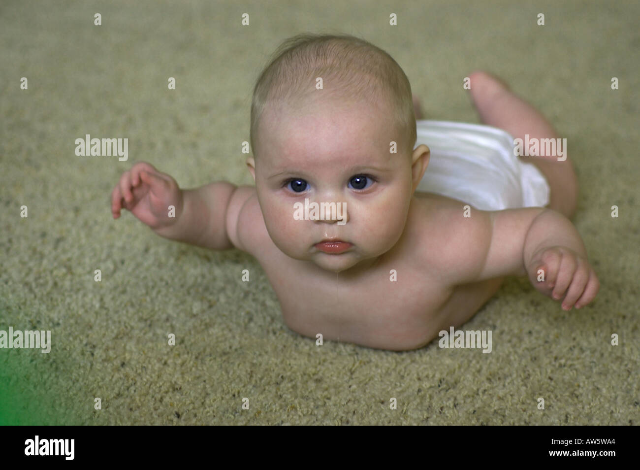 baby on rug with head up Stock Photo