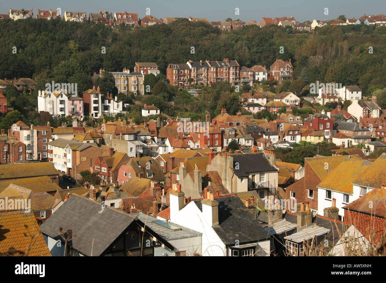 Aerial view of Hastings Old Town, Hastings, East Sussex, England Stock