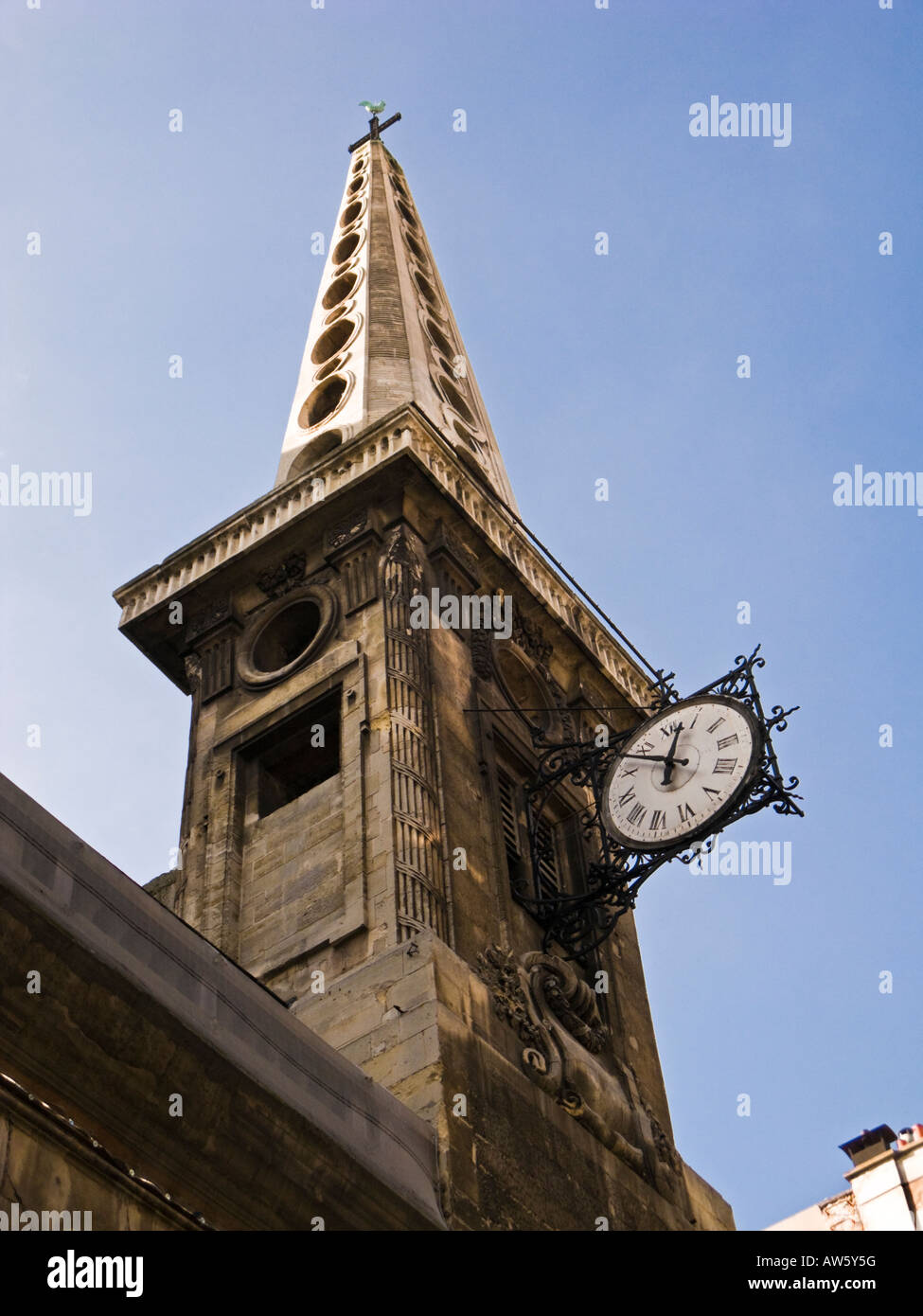 Eglise St Louis church steeple and clock on the Rue Saint Louis en L'Ille, Ile Saint Louis, Paris, France Stock Photo