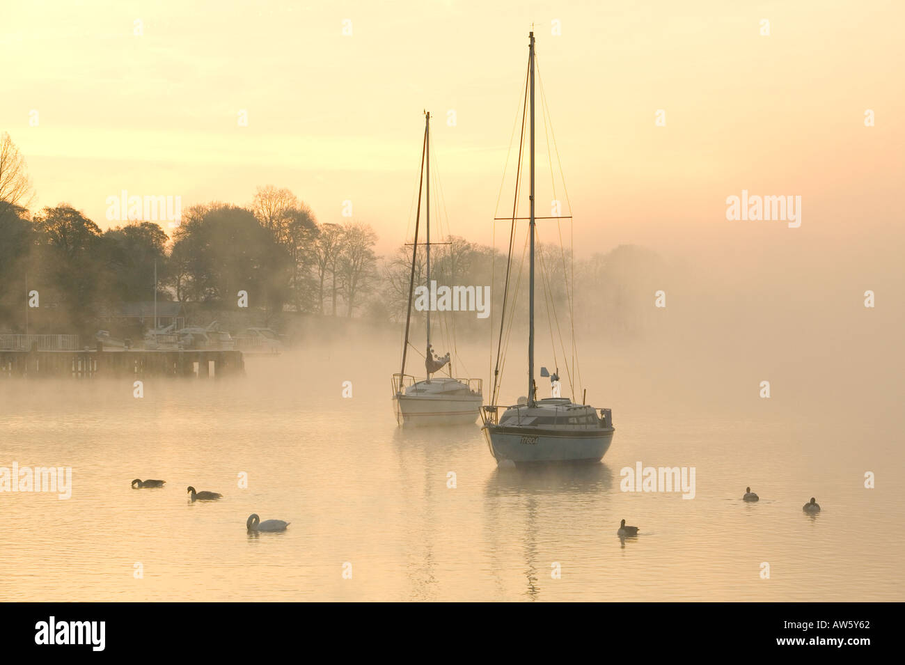 sailing boats on Windermere on a misty winters morning Stock Photo Alamy