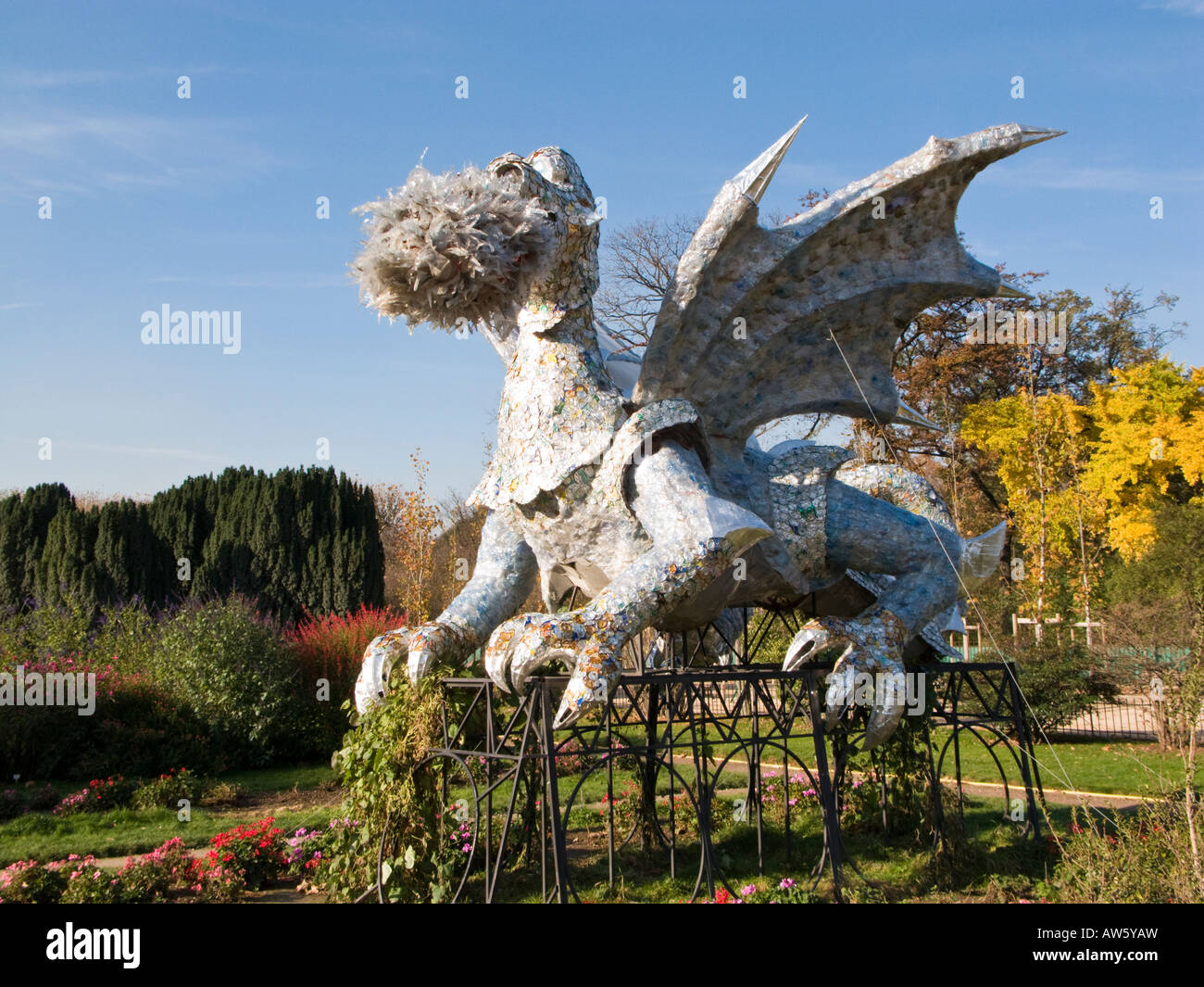 Silver Dragon made from recycled aluminium cans in the Jardin des Plantes Paris France Europe Stock Photo
