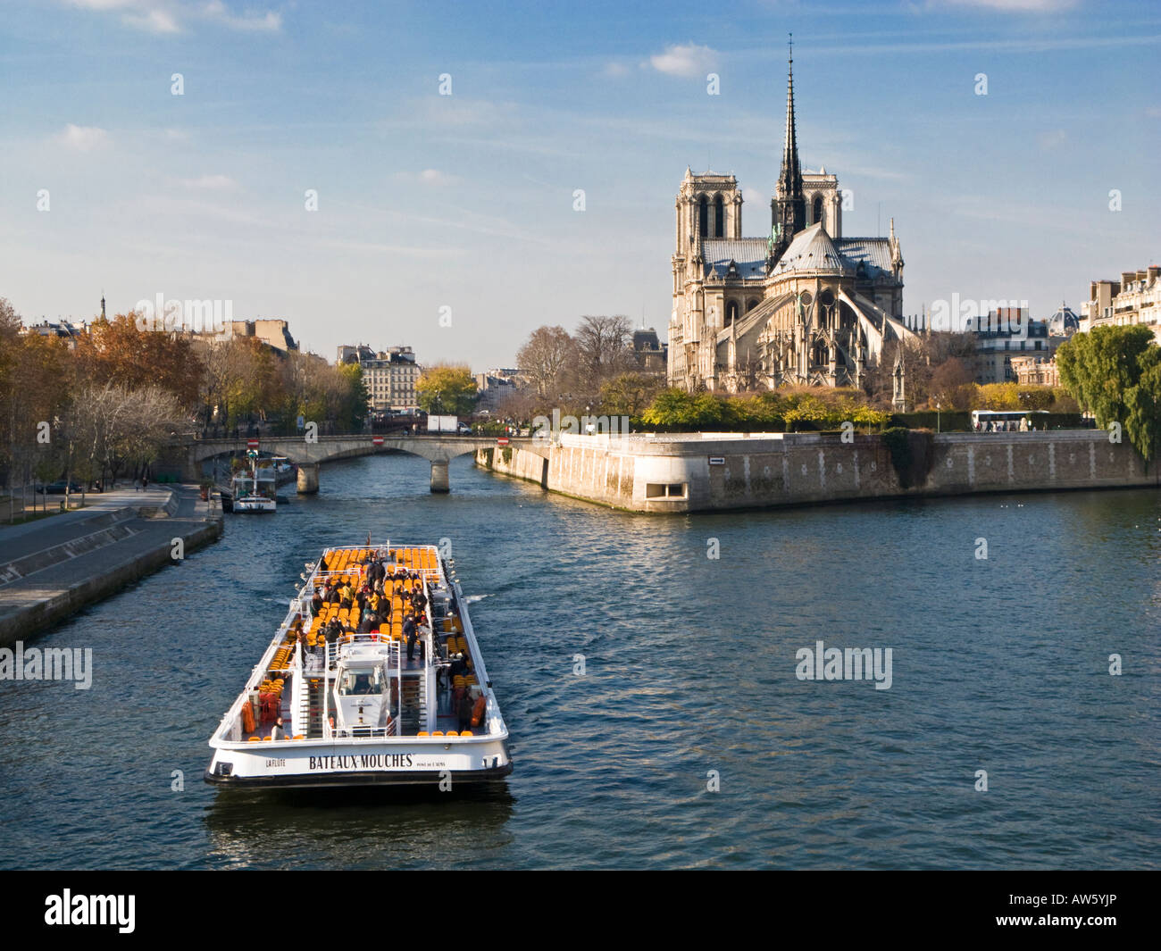 Notre Dame Cathedral and Bateaux Mouches boat and Pont de L'Archevêché, Ile de la Cite, Paris, France, Europe Stock Photo