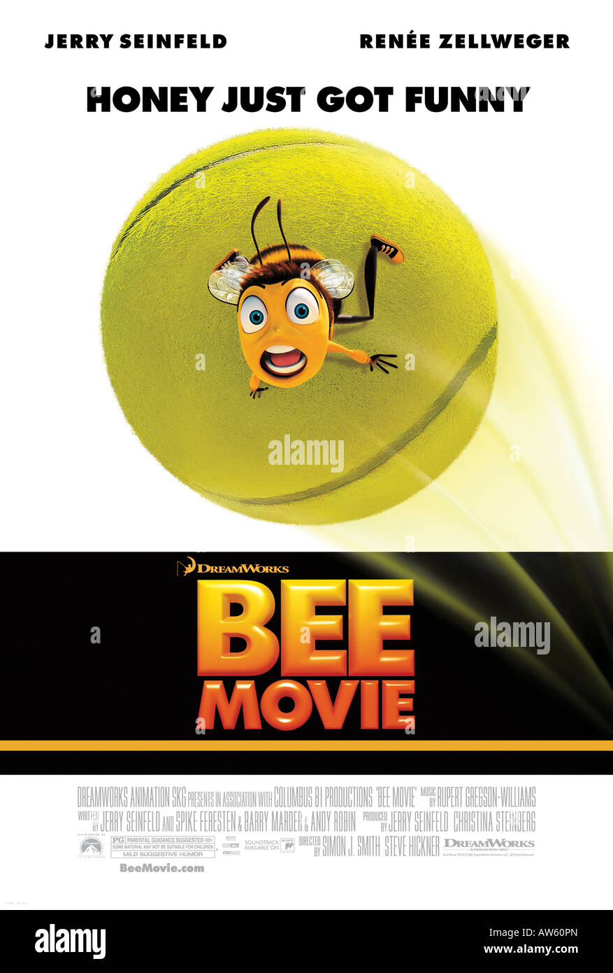 BEE MOVIE  poster for 2007 Dreamworks Animation SKG film with Barry B Benson voiced by Jerry Seinfeld who co produced the film Stock Photo